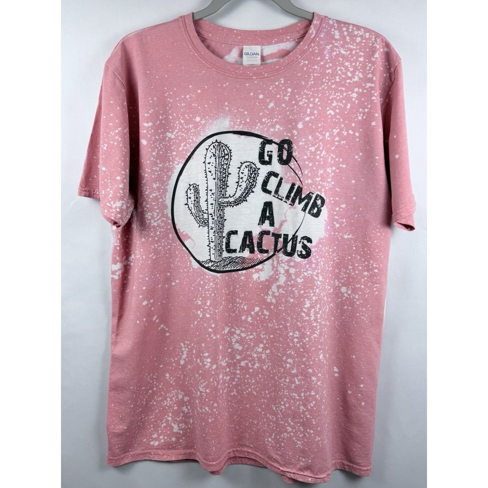 Gildan Large Pink Bleach Dyed Go Climb A Cactus Graphic Tee Western Desert